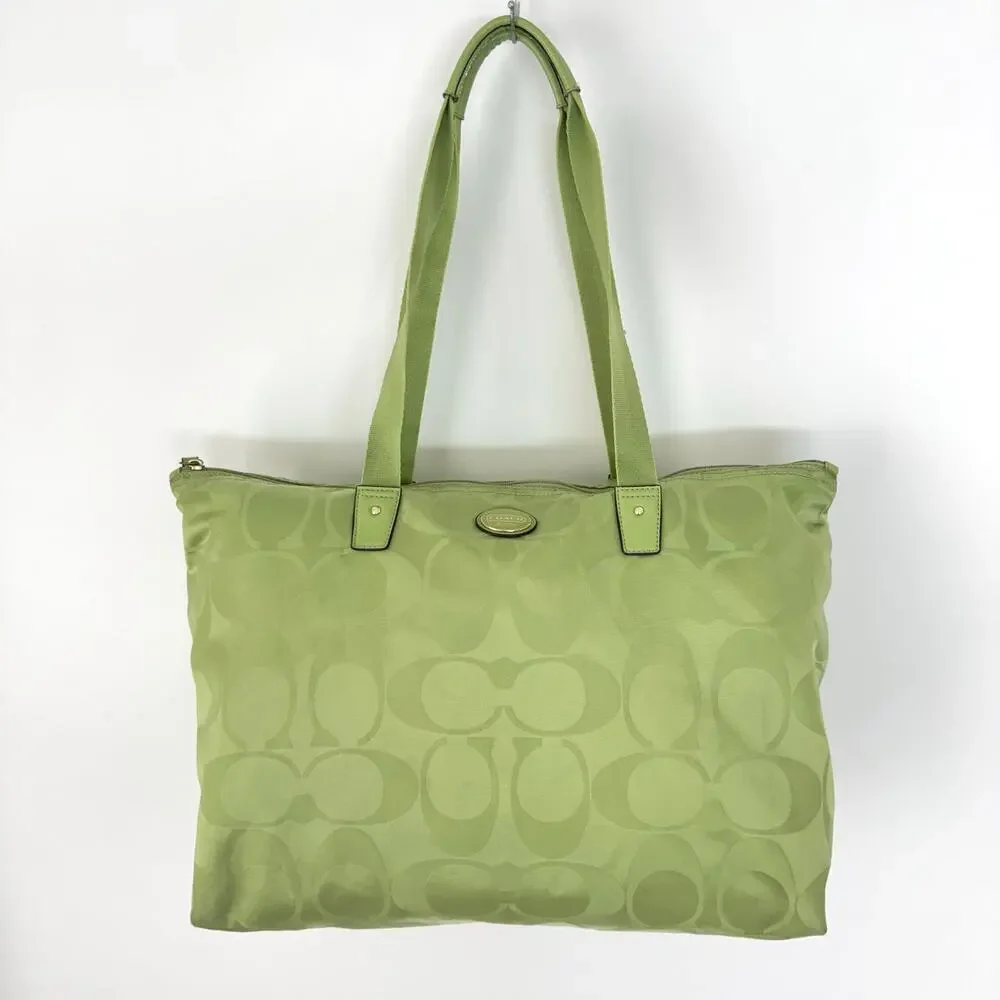 Coach Signature Nylon Packable Tote Bag Removable Pouch Lime Green Overnight - Picture 4 of 15